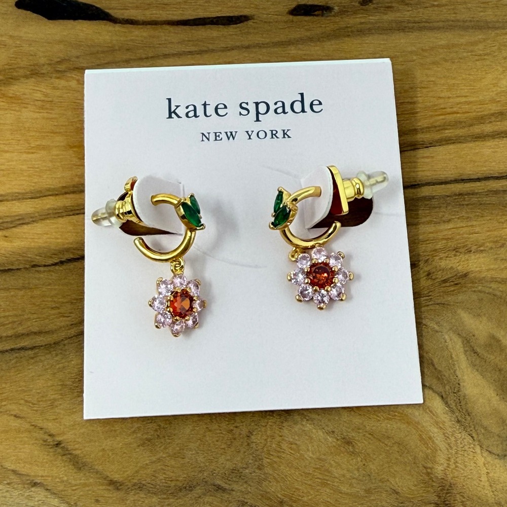 Kate Spade Floral Huggie Hoop Earrings Gold Tone Pink Crystal Cottagecore Floral